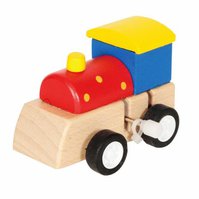 Drevená mini hračka rušeň zotrvačník červený